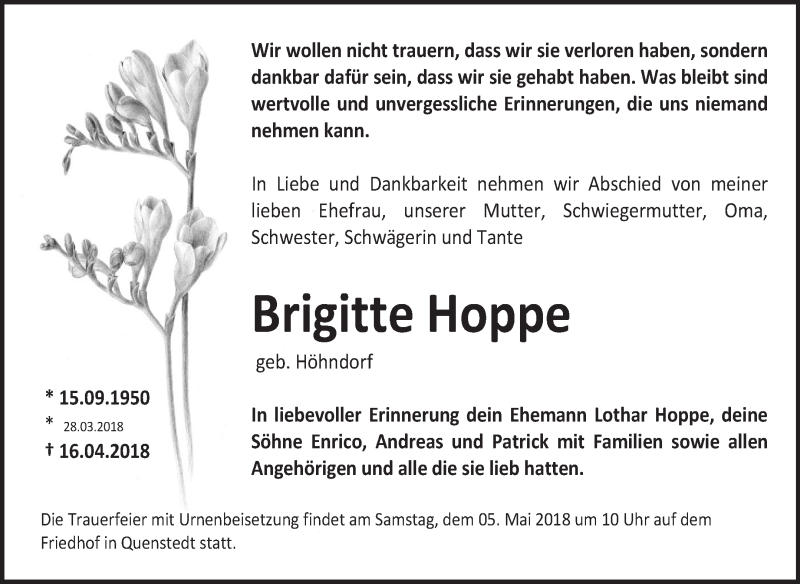  Traueranzeige für Brigitte Hoppe vom 25.04.2018 aus Mitteldeutsche Zeitung