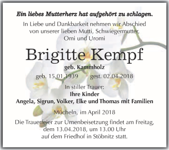 Traueranzeige von Brigitte Kempf von WVG - Wochenspiegel Merseburg