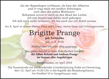 Traueranzeige von Brigitte Prange von Mitteldeutsche Zeitung Sangerhausen