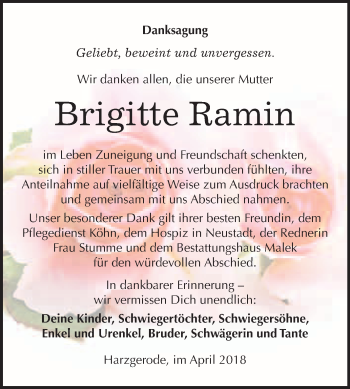 Traueranzeige von Brigitte Ramin von WVG - Wochenspiegel Quedlinburg