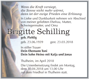 Traueranzeige von Brigitte Schilling von WVG - Wochenspiegel Bitterfeld