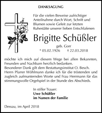 Traueranzeige von Brigitte Schüßler von Mitteldeutsche Zeitung Dessau-Roßlau