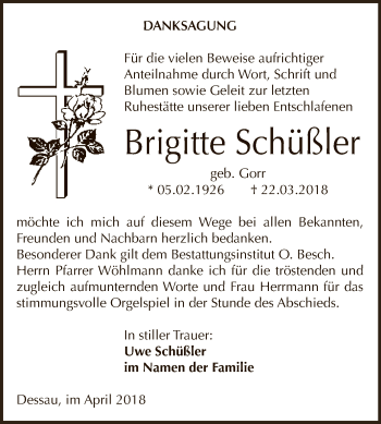 Traueranzeige von Brigitte Schüßler von WVG - Wochenspiegel Dessau / Köthen