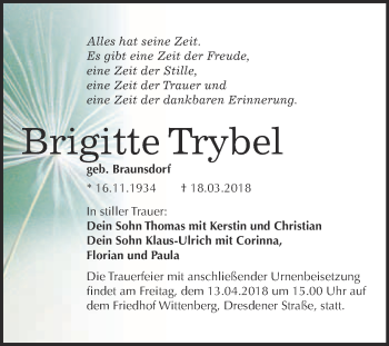 Traueranzeige von Brigitte Trybel von WVG - Wochenspiegel Wittenberg