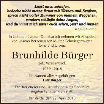 Traueranzeige von Brunhilde Bürger von Super Sonntag SGH Mansf. Land