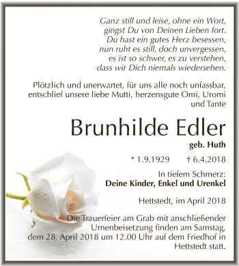 Traueranzeige von Brunhilde Edler von Wochenspiegel Mansfelder Land