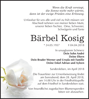 Traueranzeige von Bärbel Kosig von Mitteldeutsche Zeitung