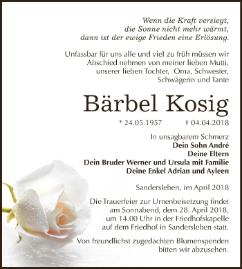 Traueranzeige von Bärbel Kosig von Super Sonntag SGH Mansf. Land