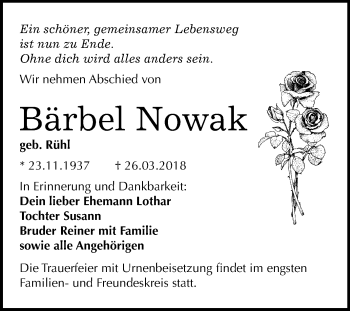 Traueranzeige von Bärbel Nowak von Mitteldeutsche Zeitung Bitterfeld