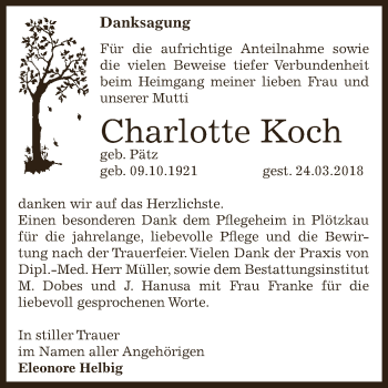 Traueranzeige von Charlotte Koch von Super Sonntag Bernburg