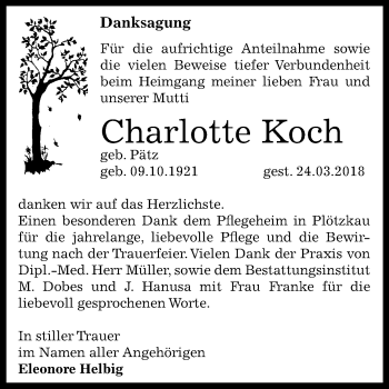 Traueranzeige von Charlotte Koch von Mitteldeutsche Zeitung Bernburg