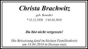 Traueranzeige von Christa Brachwitz von Mitteldeutsche Zeitung Dessau-Roßlau