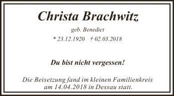 Traueranzeige von Christa Brachwitz von WVG - Wochenspiegel Dessau / Köthen