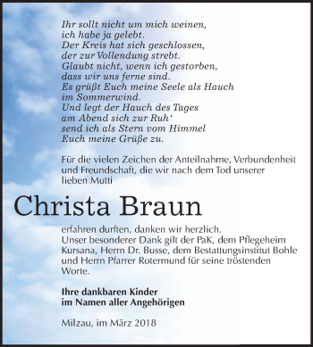 Traueranzeige von Christa Braun von WVG - Wochenspiegel Merseburg