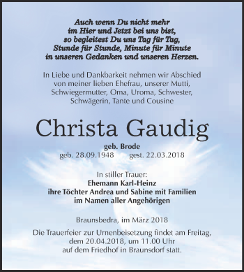Traueranzeige von Christa Gaudig von WVG - Wochenspiegel Merseburg