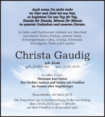 Traueranzeige von Christa Gaudig von Mitteldeutsche Zeitung Merseburg/Querfurt
