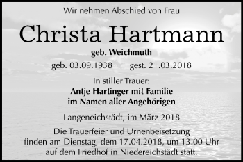 Traueranzeige von Christa Hartmann von Mitteldeutsche Zeitung Merseburg/Querfurt