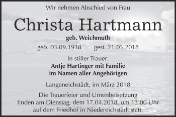 Traueranzeige von Christa Hartmann von WVG - Wochenspiegel Merseburg