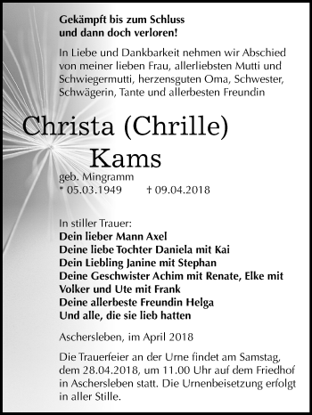 Traueranzeige von Christa Kams von Mitteldeutsche Zeitung Aschersleben