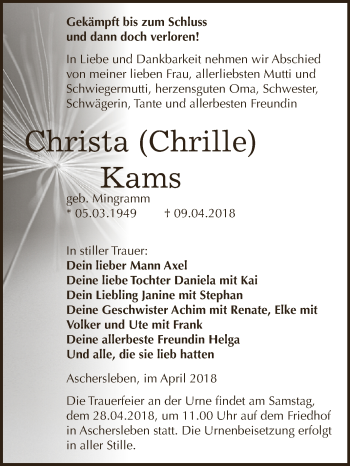 Traueranzeige von Christa Kams von Super Sonntag Aschersleben