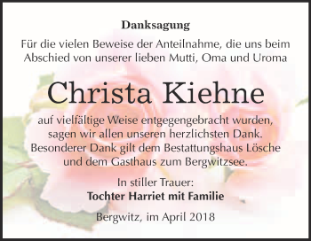 Traueranzeige von Christa Kiehne von WVG - Wochenspiegel Wittenberg