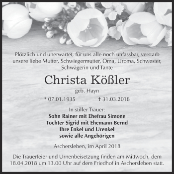 Traueranzeige von Christa Kößler von Super Sonntag Aschersleben