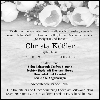 Traueranzeige von Christa Kößler von Mitteldeutsche Zeitung Aschersleben