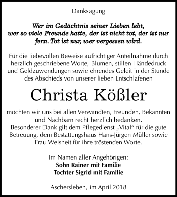 Traueranzeige von Christa Kößler von Mitteldeutsche Zeitung Aschersleben
