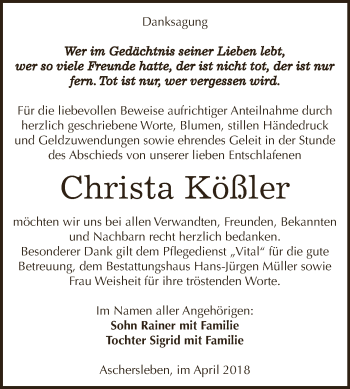 Traueranzeige von Christa Kößler von Super Sonntag Aschersleben
