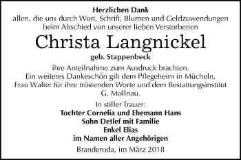 Traueranzeige von Christa Langnickel von Mitteldeutsche Zeitung Merseburg/Querfurt
