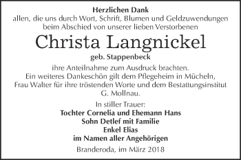 Traueranzeige von Christa Langnickel von WVG - Wochenspiegel Merseburg