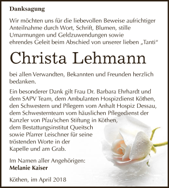 Traueranzeige von Christa Lehmann von WVG - Wochenspiegel Dessau / Köthen