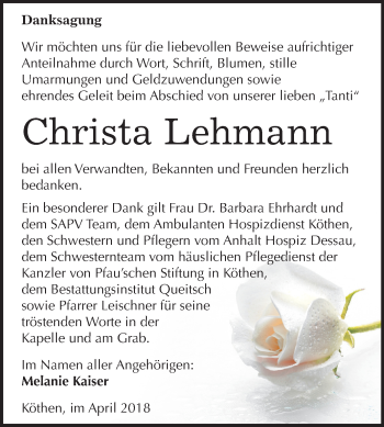 Traueranzeige von Christa Lehmann von Mitteldeutsche Zeitung Köthen