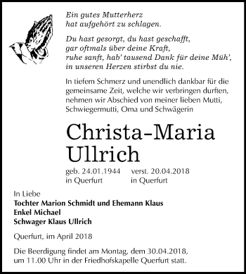 Traueranzeige von Christa-Maria Ullrich von WVG - Wochenspiegel Merseburg
