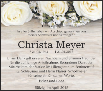 Traueranzeige von Christa Meyer von Super Sonntag Wittenberg