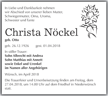 Traueranzeige von Christa Nöckel von WVG - Wochenspiegel Merseburg