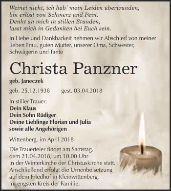 Traueranzeige von Christa Panzner von WVG - Wochenspiegel Wittenberg