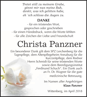 Traueranzeige von Christa Panzner von WVG - Wochenspiegel Wittenberg
