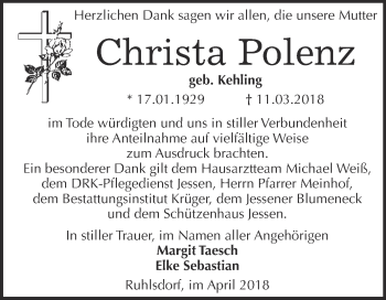 Traueranzeige von Christa Polenz von WVG - Wochenspiegel Wittenberg