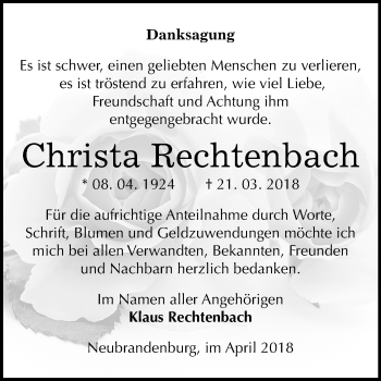 Traueranzeige von Christa Rechtenbach von Mitteldeutsche Zeitung