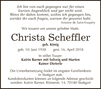 Traueranzeige von Christa Scheffler von WVG - Wochenspiegel NMB / WSF / ZTZ