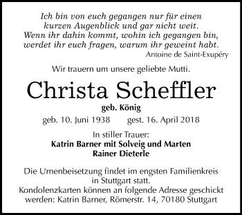 Traueranzeige von Christa Scheffler von Mitteldeutsche Zeitung Weißenfels