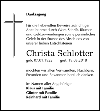 Traueranzeige von Christa Schlotter von WVG - Wochenspiegel Quedlinburg