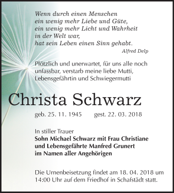 Traueranzeige von Christa Schwarz von Mitteldeutsche Zeitung Merseburg/Querfurt