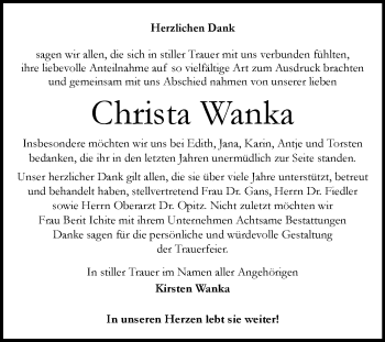Traueranzeige von Christa Wanka von Mitteldeutsche Zeitung Halle/Saalkreis
