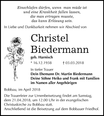 Traueranzeige von Christel Biedermann von Mitteldeutsche Zeitung Bitterfeld