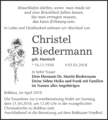 Traueranzeige von Christel Biedermann von WVG - Wochenspiegel Bitterfeld