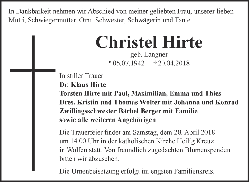  Traueranzeige für Christel Hirte vom 25.04.2018 aus WVG - Wochenspiegel Bitterfeld