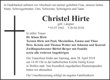 Traueranzeige von Christel Hirte von WVG - Wochenspiegel Bitterfeld