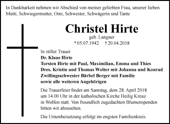 Traueranzeige von Christel Hirte von Mitteldeutsche Zeitung Bitterfeld